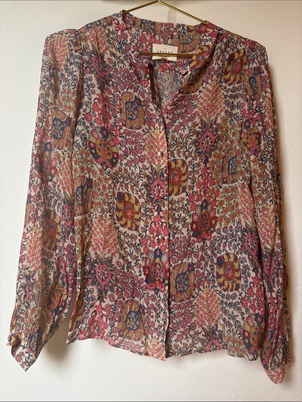 Sezane Delicate Gold Floral Button-Front Blouse in Multi Pink